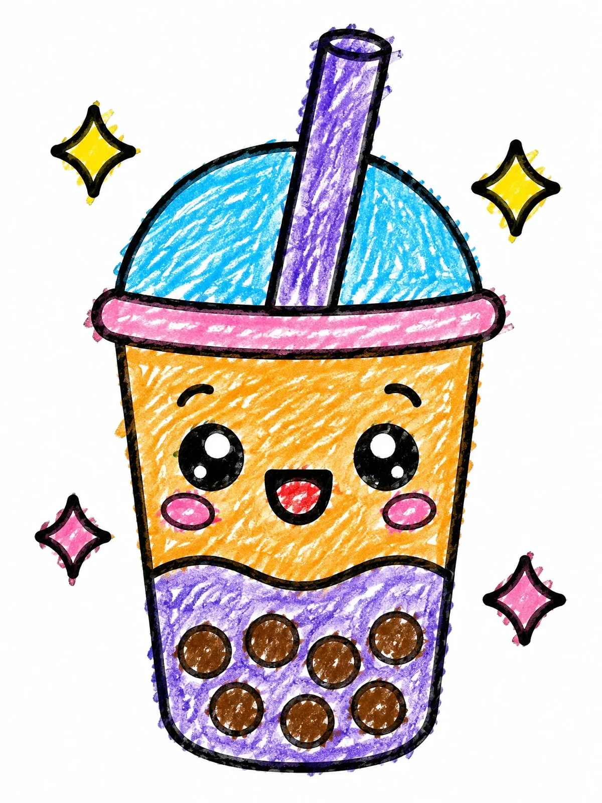 Colored example of the Cute Kawaii Boba Tea Cup coloring page