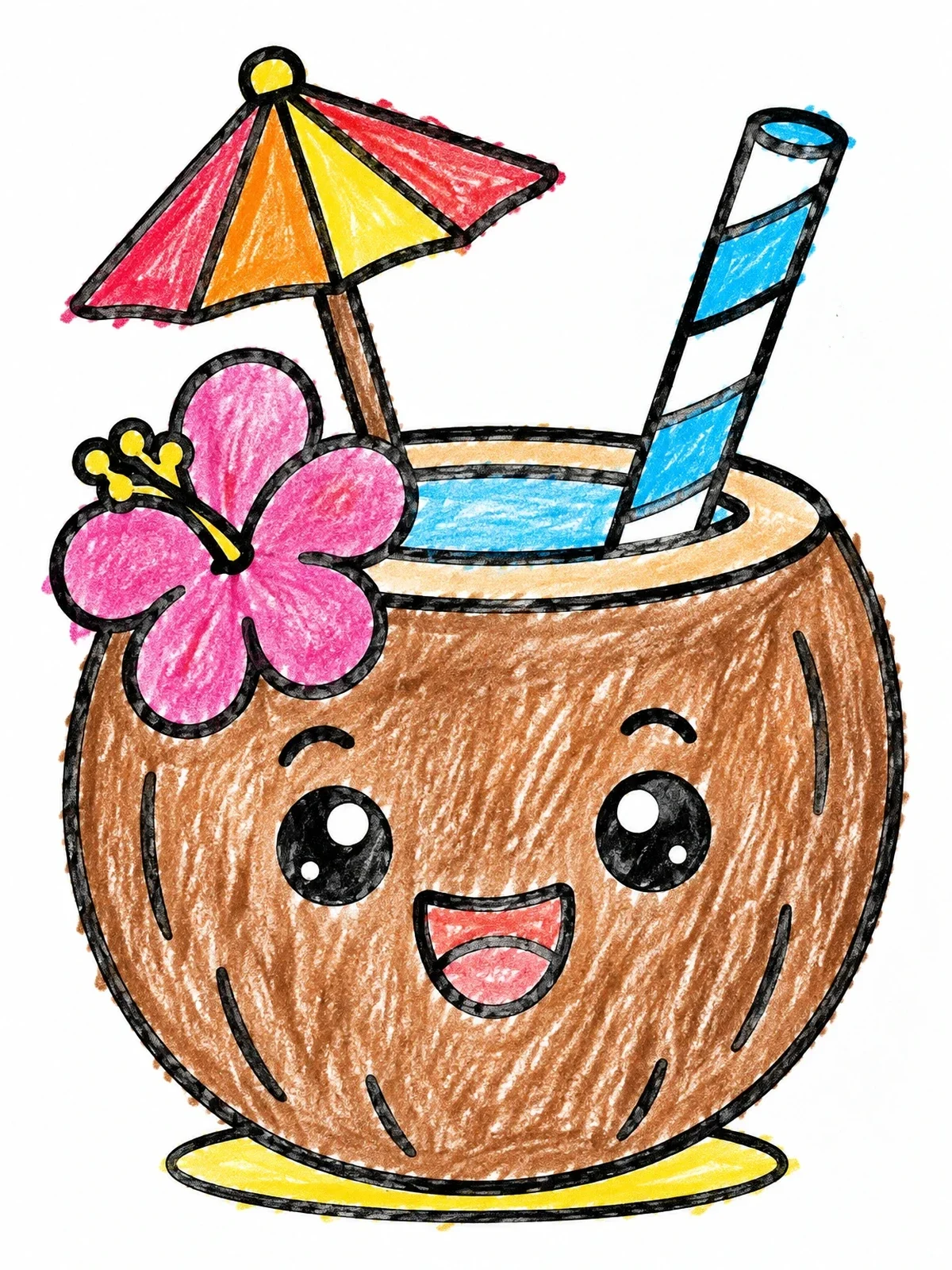 Colored example of the Cute Smiling Coconut Drink coloring page