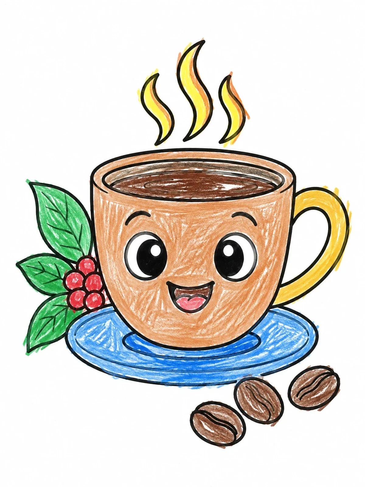 Colored example of the Cute Steaming Coffee Cup Character coloring page