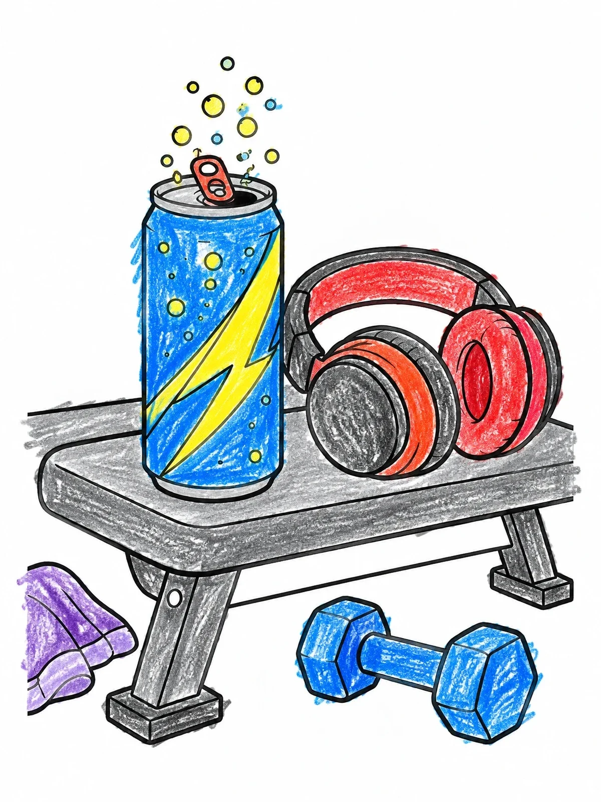 Colored example of the Energy Drink And Gym Bench coloring page