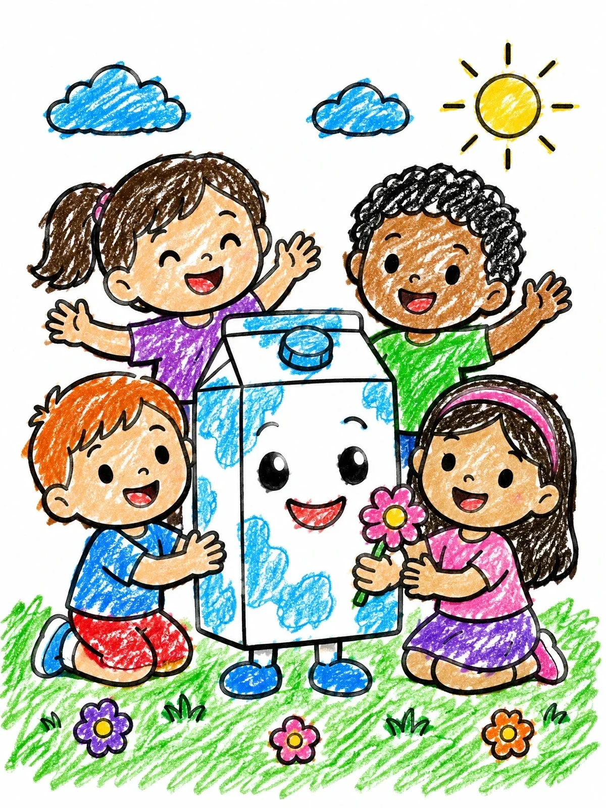 Colored example of the Happy Milk Carton With Cheerful Children coloring page