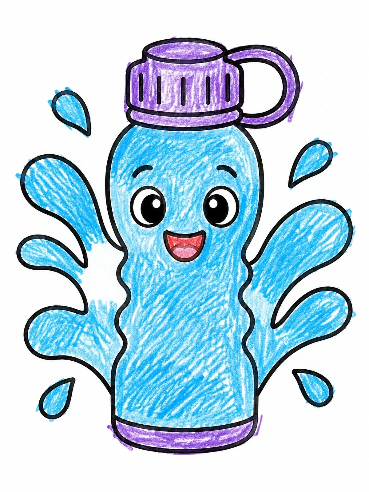 Colored example of the Happy Water Bottle With Splashes coloring page