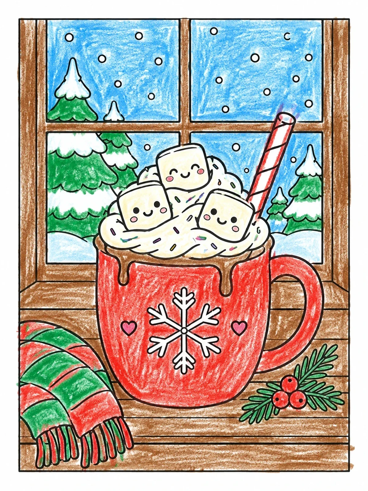 Colored example of the Hot Chocolate With Happy Marshmallows coloring page