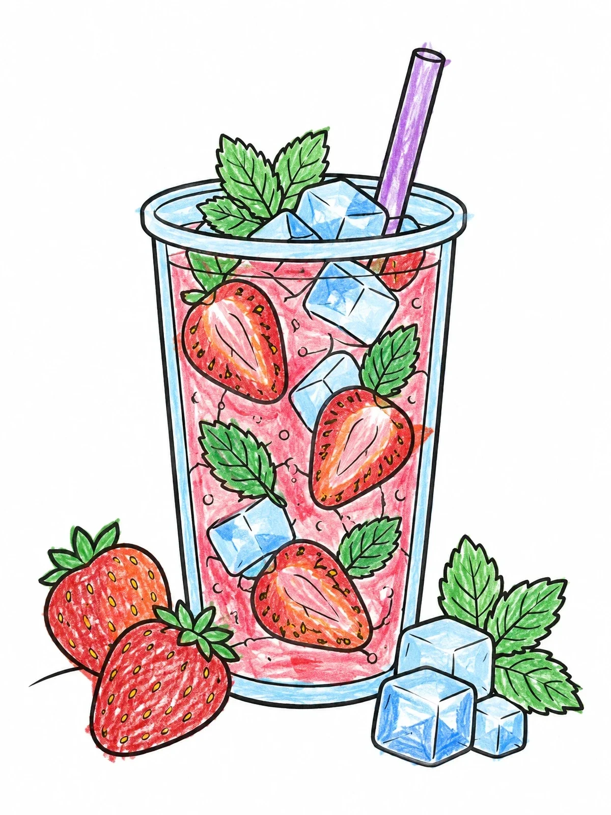 Colored example of the Iced Strawberry Mint Drink coloring page