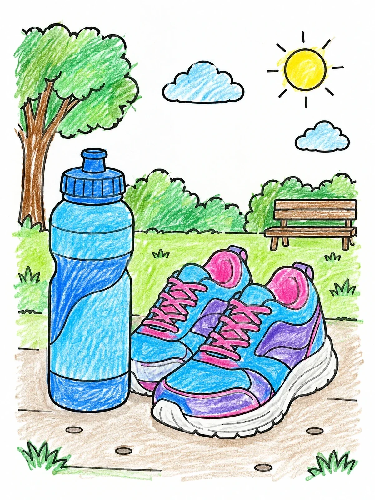 Colored example of the Sports Water Bottle And Running Shoes coloring page