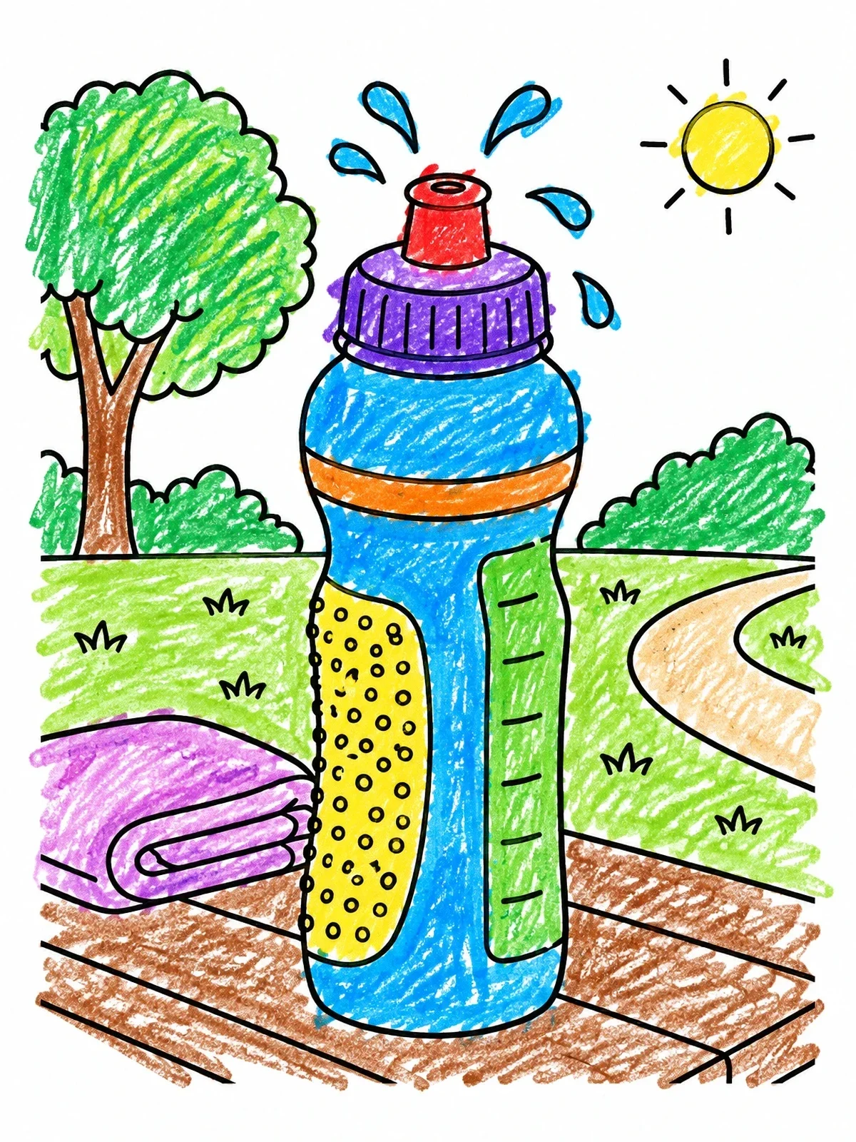 Colored example of the Sports Water Bottle In The Park coloring page