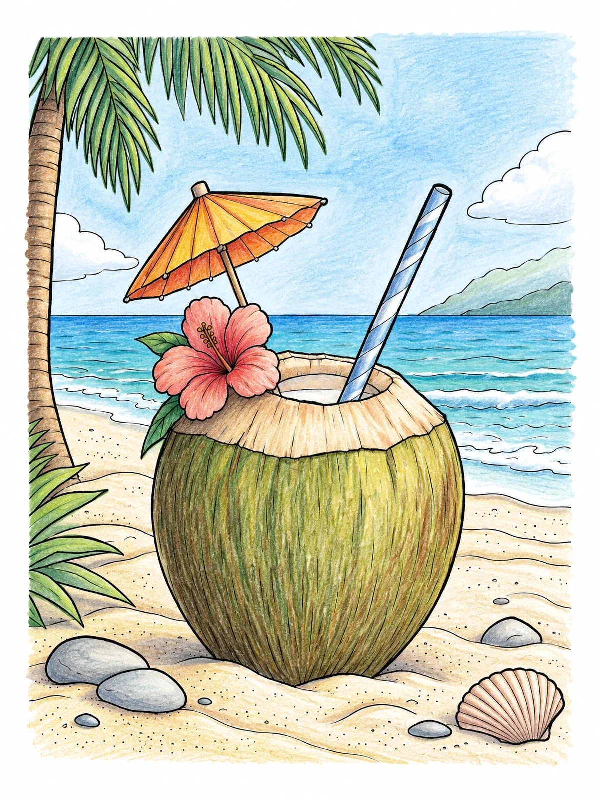 Colored example of the Tropical Coconut Drink On Beach coloring page