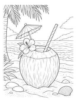 Free printable Tropical Coconut Drink On Beach coloring page