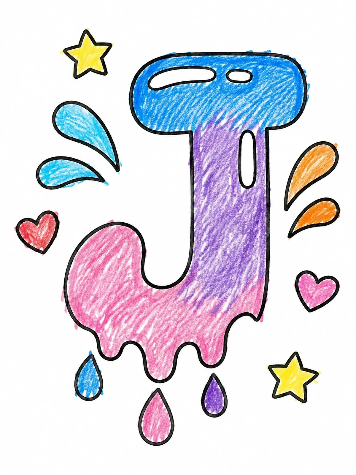 Colored example of the Dripping Bubble Letter J coloring page