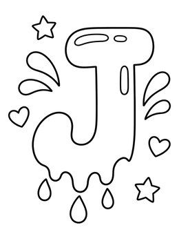 A bubbly letter J coloring page dripping with paint drops, stars, and hearts.