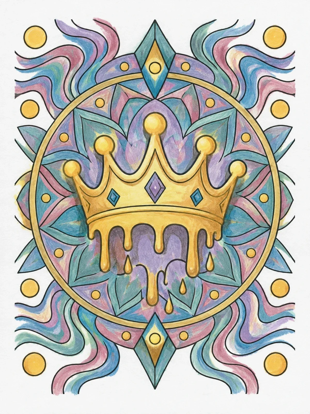 Colored example of the Dripping Crown Graffiti Mandala coloring page