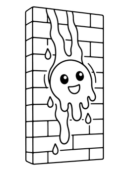 A melting smiley faces coloring page sliding along an upright brick wall.