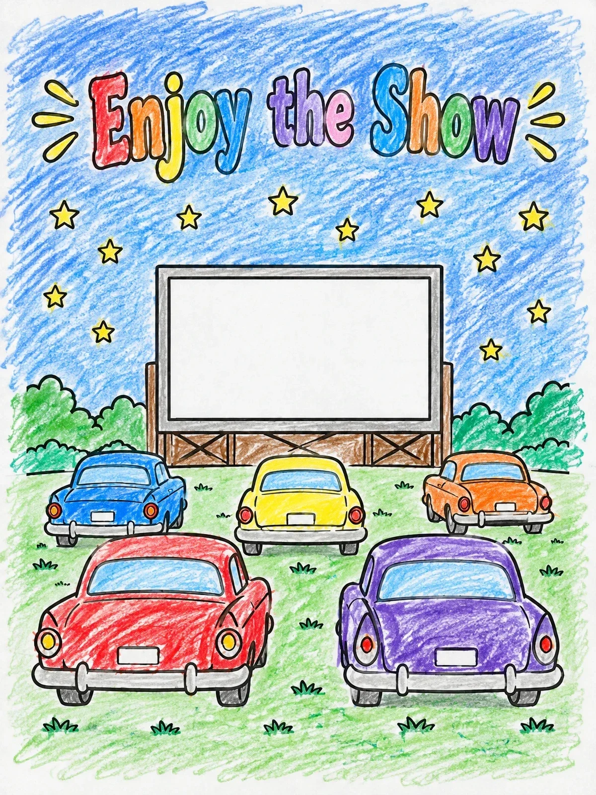 Colored example of the Drive In Movie Under The Stars coloring page