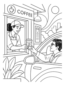 A barista hands a cup to a driver in this coffee coloring page scene.