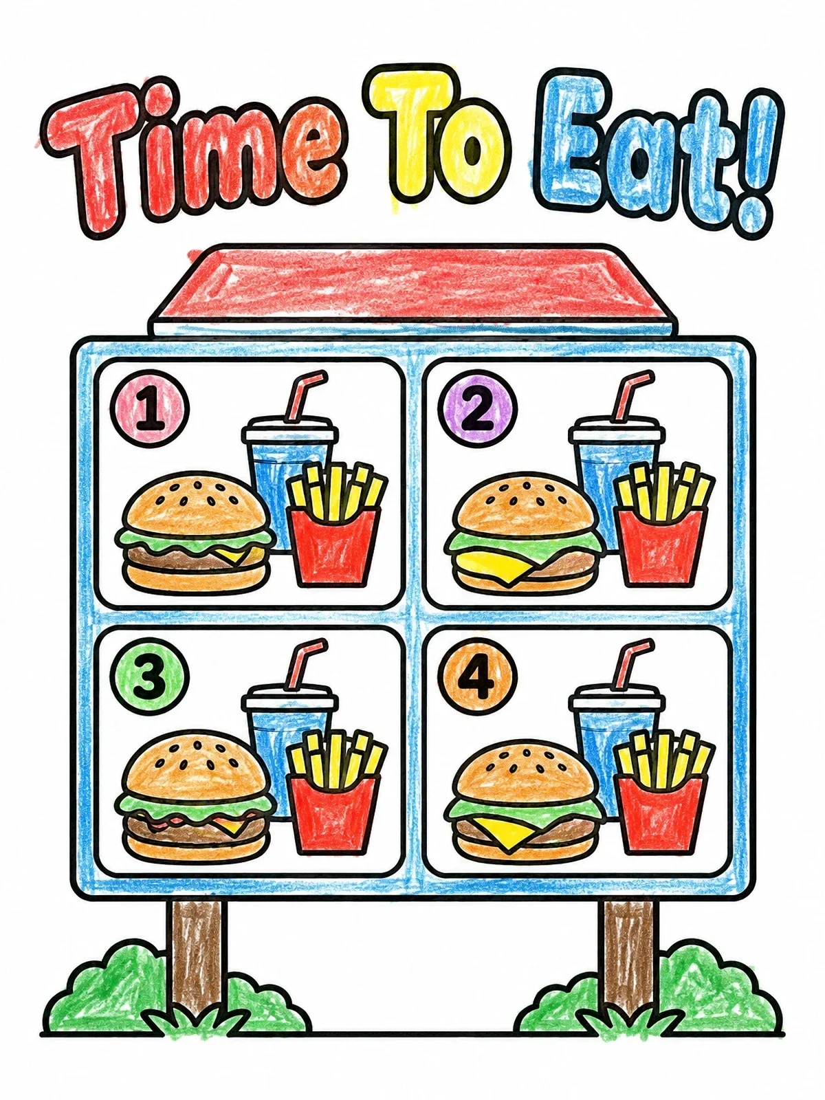 Colored example of the Drive Thru Fast Food Menu Board coloring page