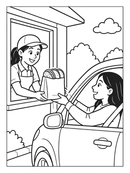 A friendly worker handing a bag of tacos to a driver in this taco coloring page.