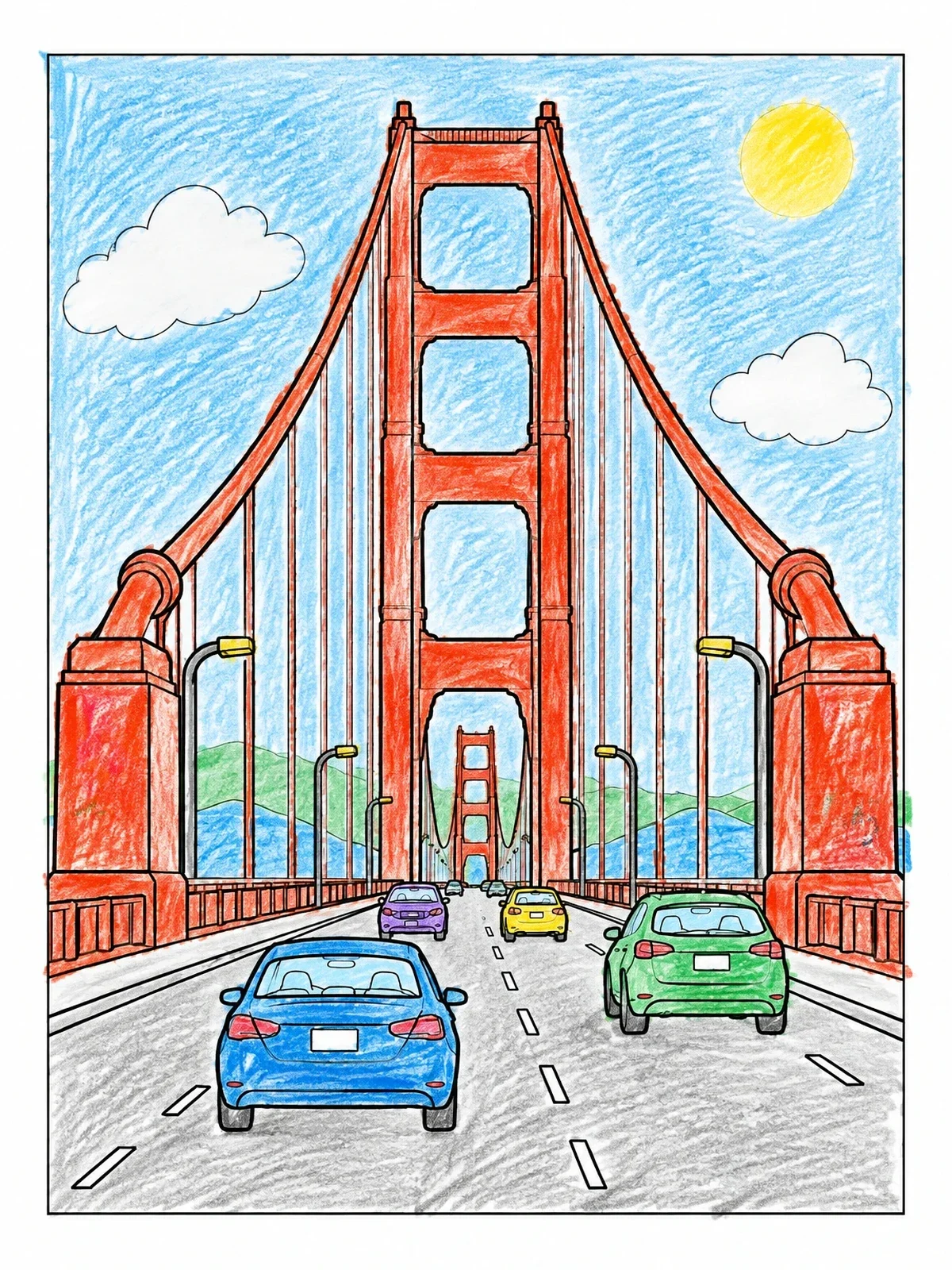 Colored example of the Driving Across The Golden Gate Bridge coloring page