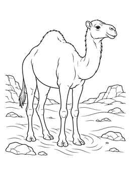 A dromedary stands on sand in this camel coloring page.