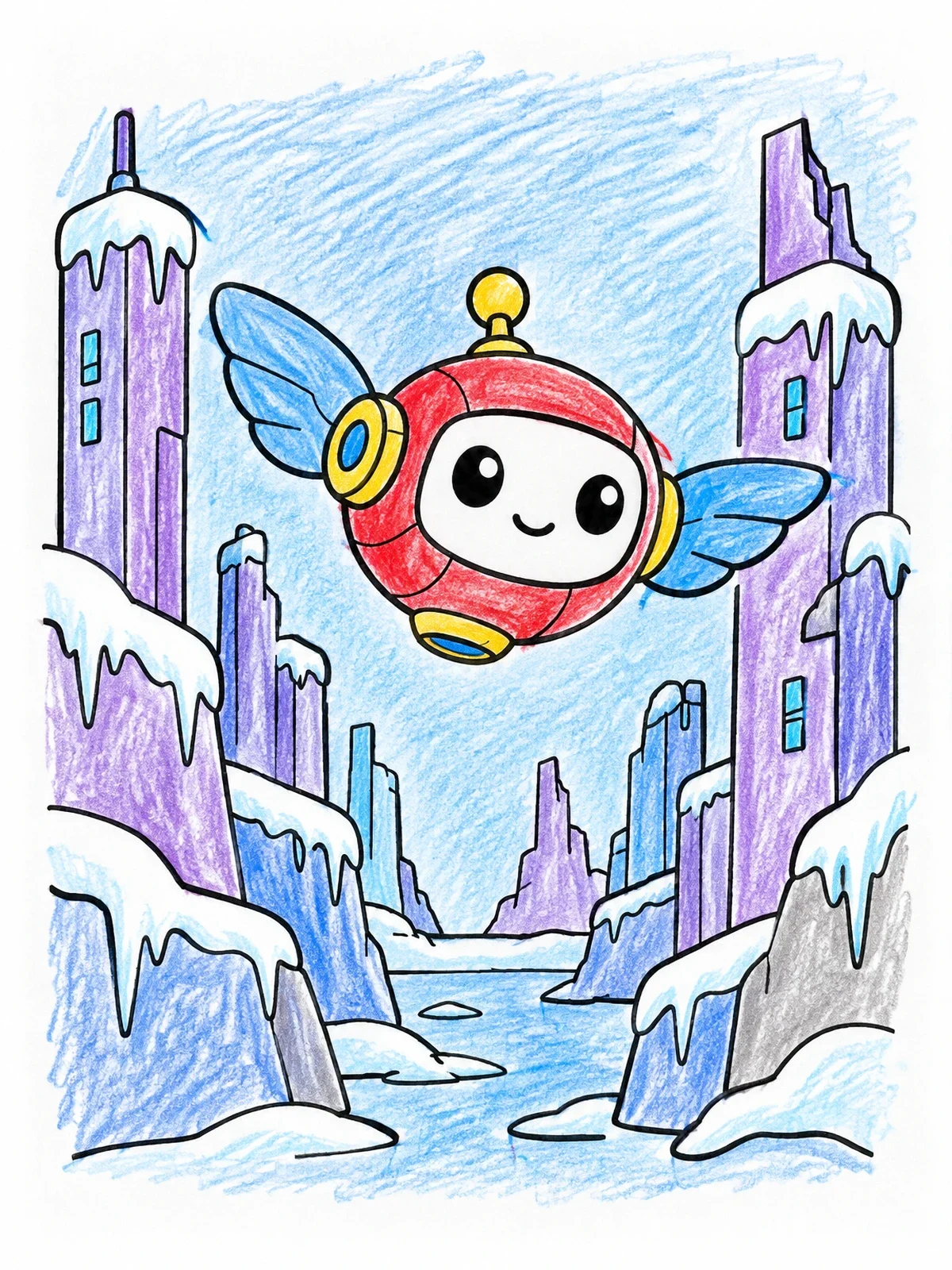 Colored example of the Cute Flying Robot In Snowy City coloring page