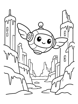 Free printable Cute Flying Robot In Snowy City coloring page