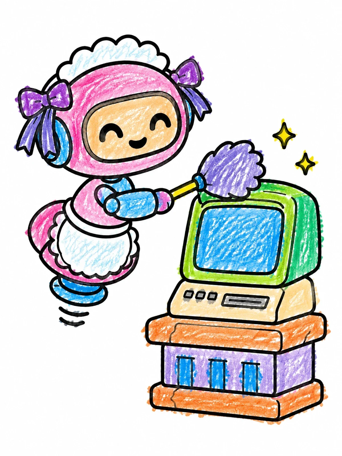 Colored example of the Cute Robot Maid Cleaning Computer coloring page