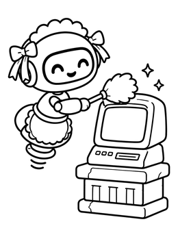 Free printable Cute Robot Maid Cleaning Computer coloring page