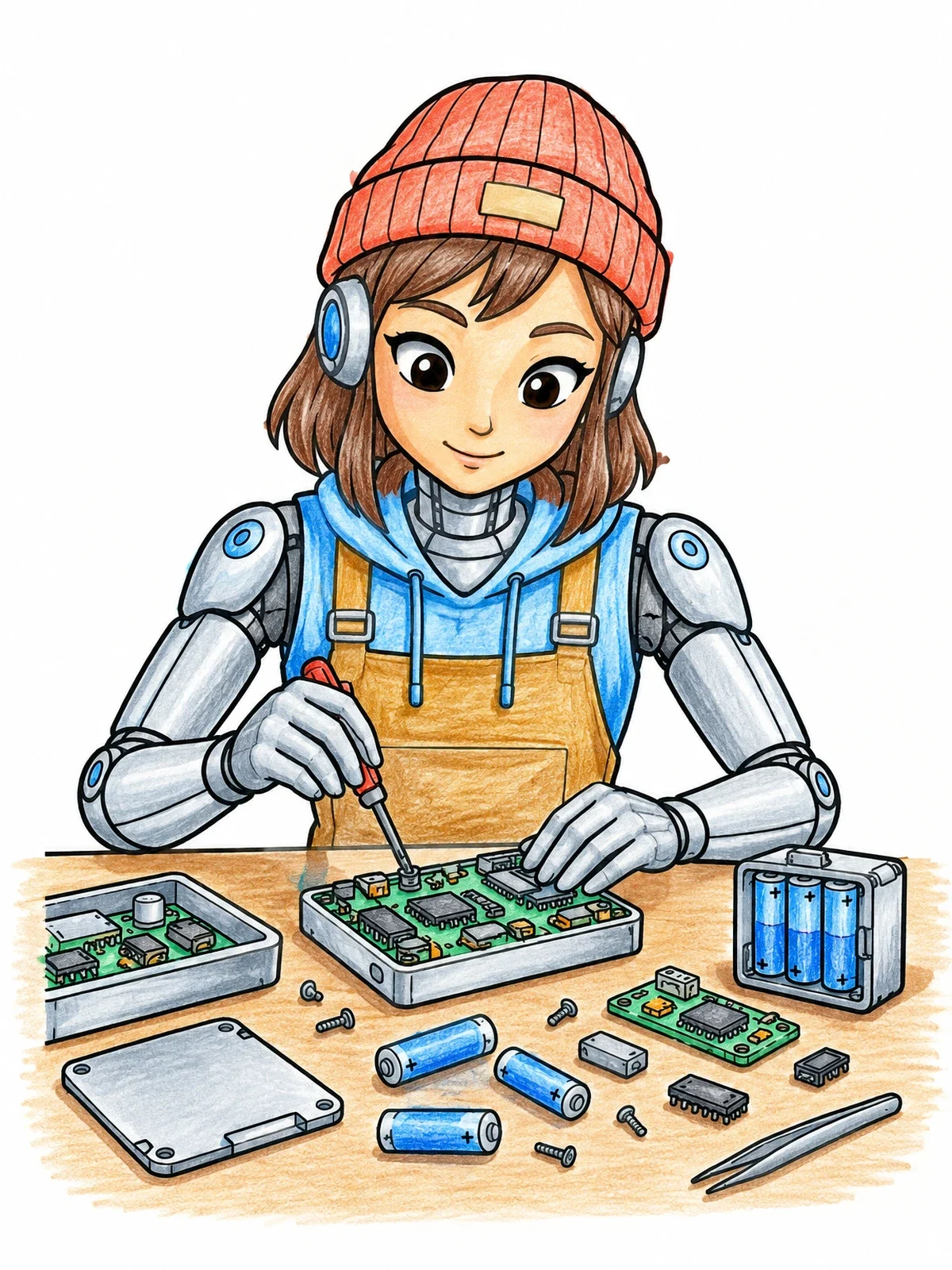 Colored example of the Robot Girl Repairing Electronics coloring page