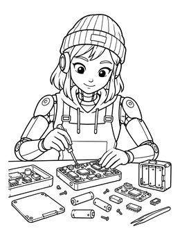 Free printable Robot Girl Repairing Electronics coloring page