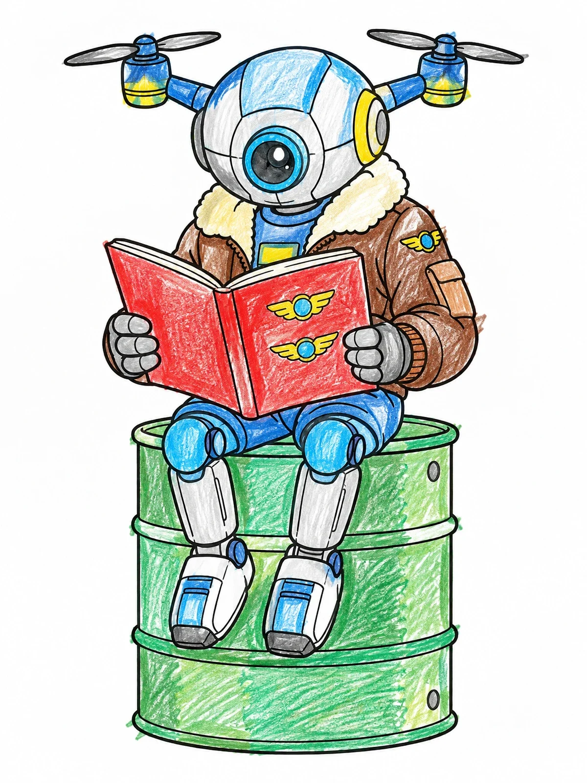 Colored example of the Drone Robot Reading Flight Handbook coloring page