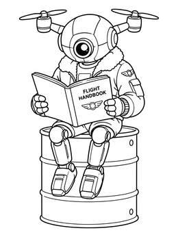Free printable Drone Robot Reading Flight Handbook coloring page