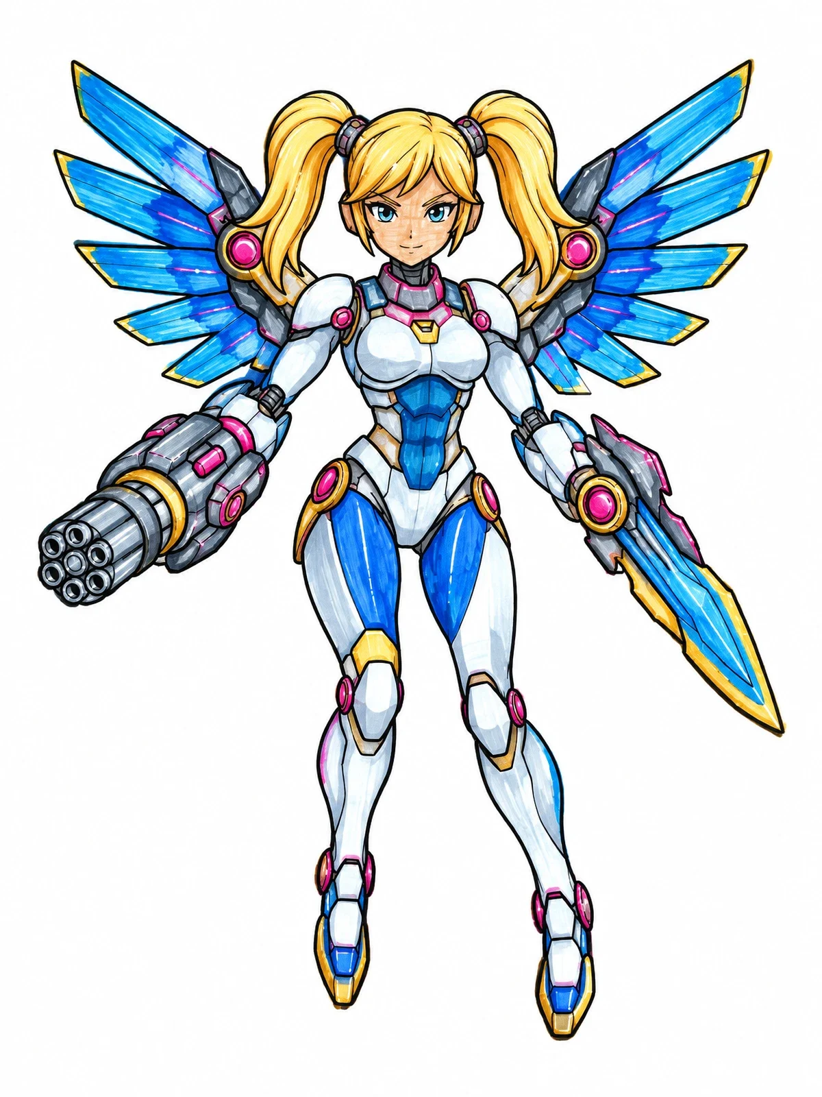 Colored example of the Winged Combat Android Warrior coloring page