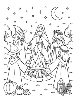 Free printable Druids And Witches Around Samhain Bonfire coloring page