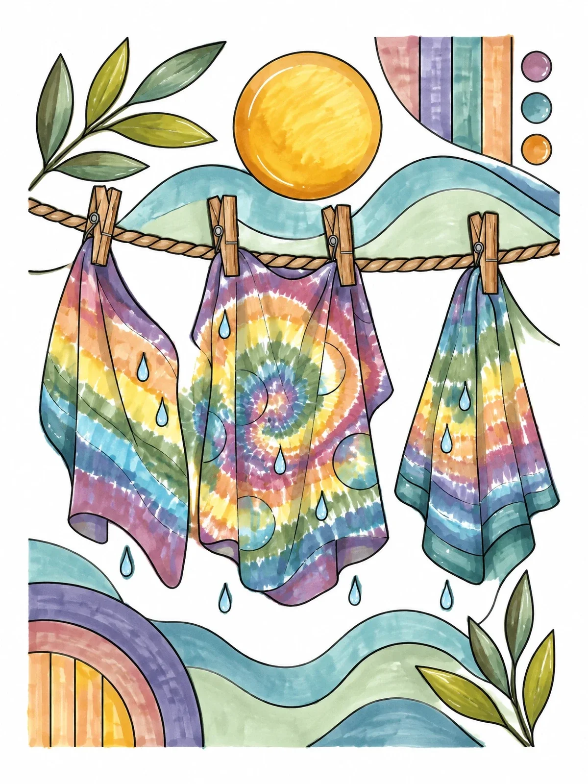 Colored example of the Drying Tie Dye Fabrics On Clothesline coloring page