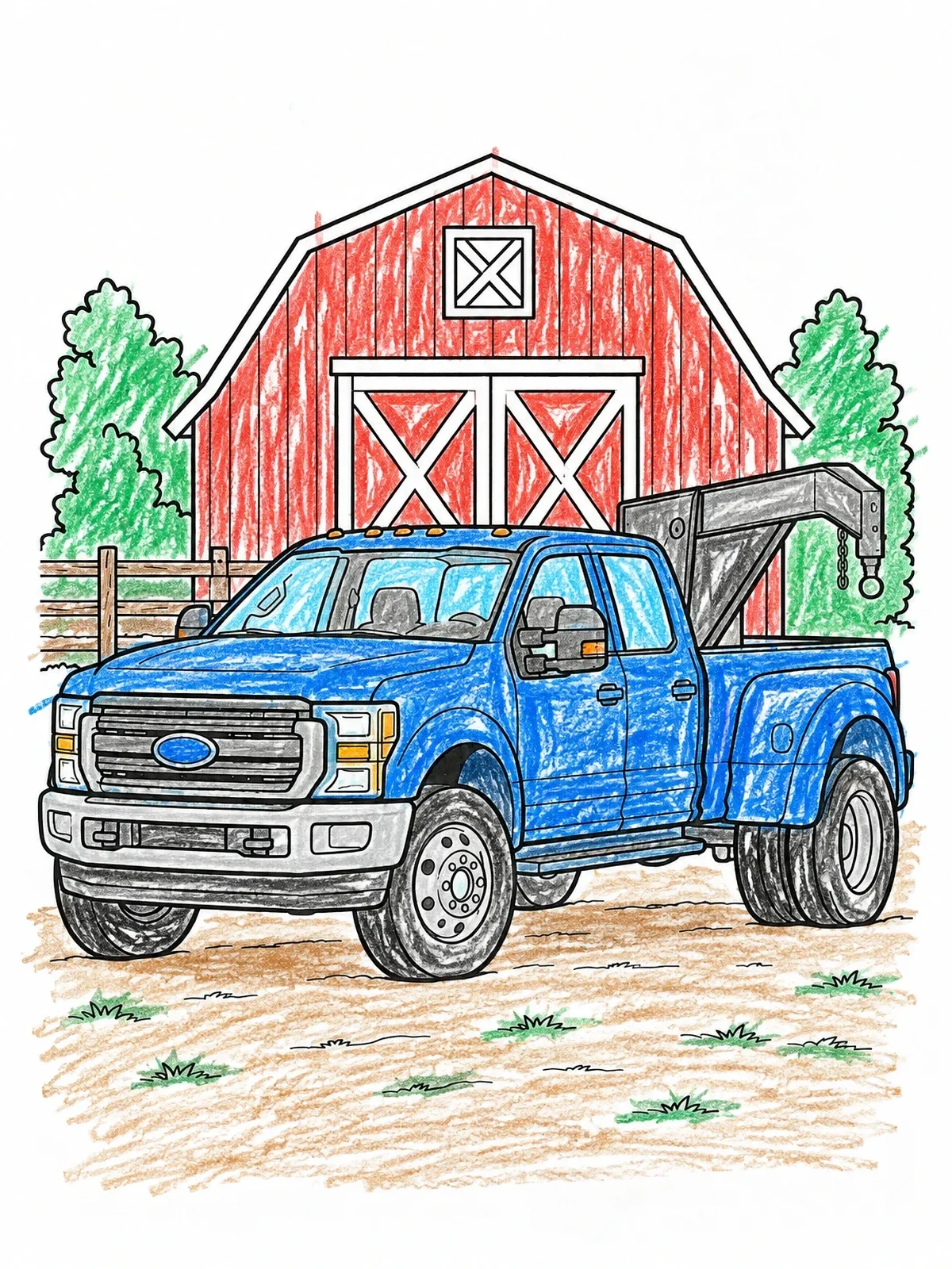 Colored example of the Dually Pickup Truck By The Barn coloring page
