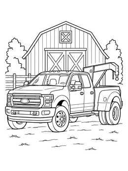 A heavy-duty dually pickup parked by a barn on this truck coloring page.