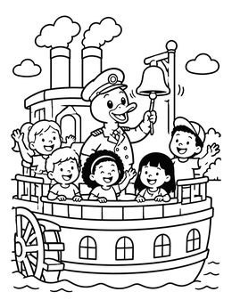 Free printable Duck Captain On A River Steamboat coloring page