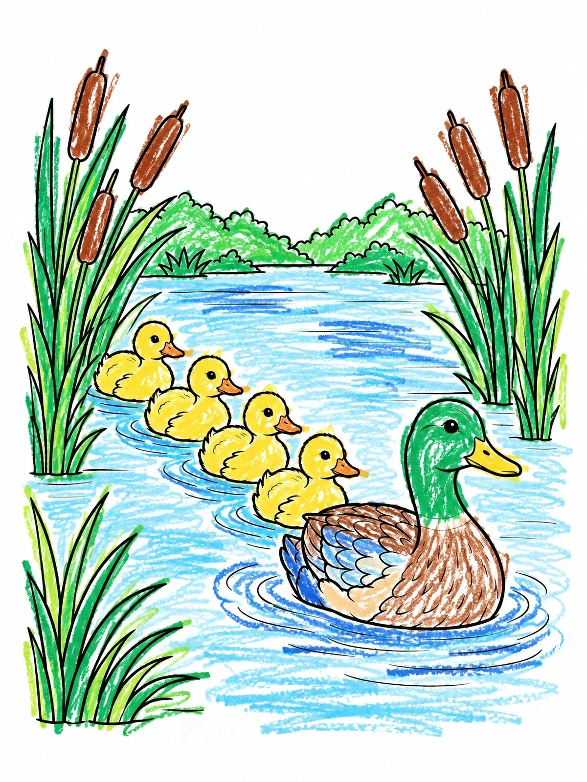 Colored example of the Duck Family Swimming By Cattails coloring page
