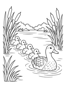 Free printable Duck Family Swimming By Cattails coloring page
