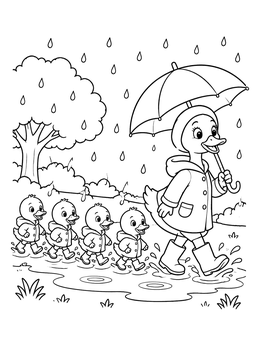 Free printable Duck Family Splashing In Spring Rain coloring page