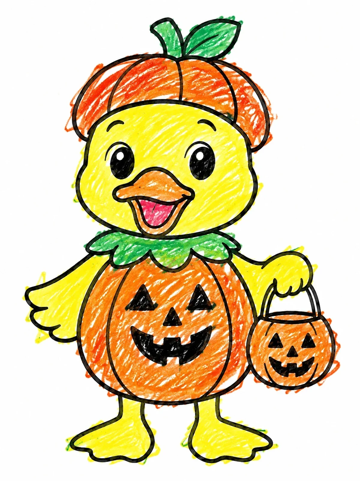 Colored example of the Duck In Halloween Pumpkin Costume coloring page