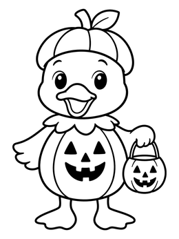 A cute duck coloring page featuring a duckling in a pumpkin costume holding a treat bucket.