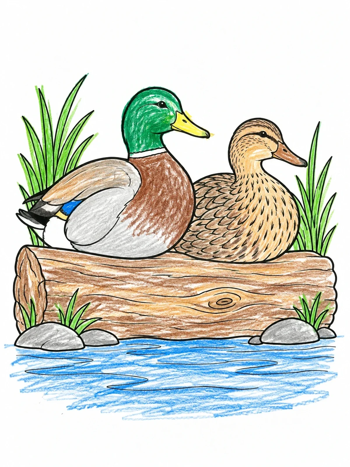 Colored example of the Mallard Pair Resting On Log coloring page
