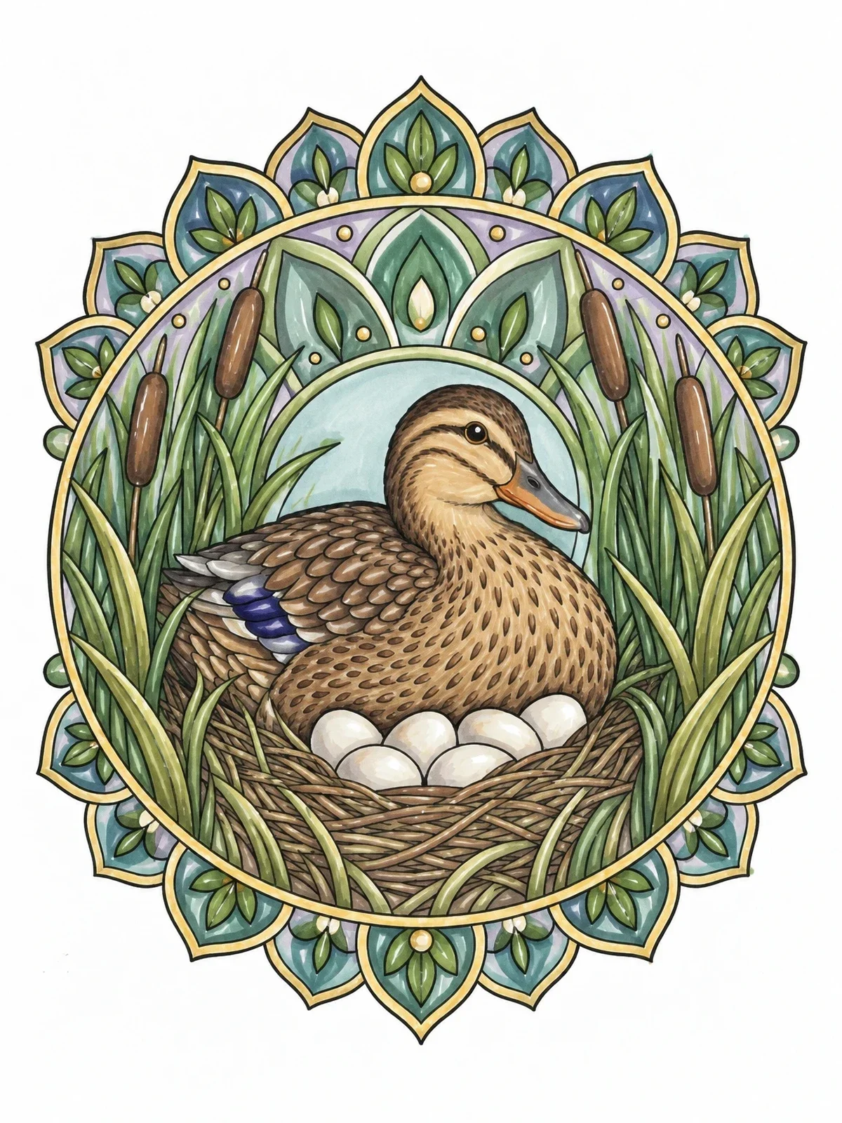Colored example of the Nesting Duck In Mandala Frame coloring page