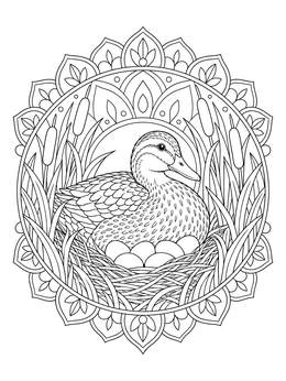 A duck coloring page featuring a hen resting in a nest surrounded by reeds inside an ornate mandala.