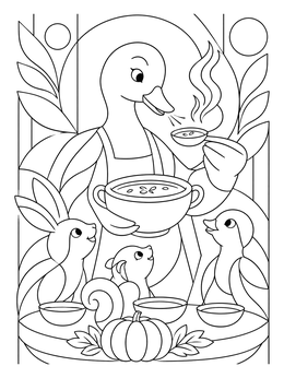 A duck tastes warm broth in this pumpkin soup coloring page with woodland friends.