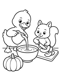 Free printable Duck And Squirrel Making Pumpkin Soup coloring page