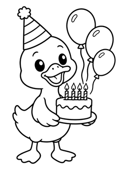 A cheerful duck coloring page featuring a duckling holding a birthday cake with balloons.
