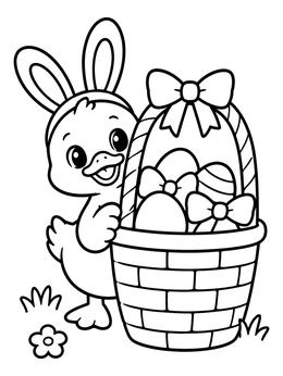 A cute duckling wearing bunny ears peeks out beside an easter duck coloring page with a festive basket.
