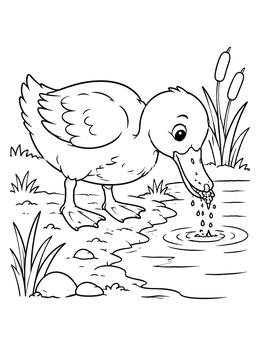 A cute duckling drinks water and filters mud at the pond shore in this duck coloring page.