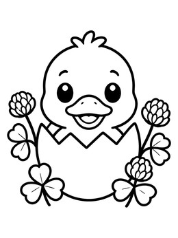A cheerful baby duckling sitting in a cracked eggshell on this duck coloring page surrounded by clover flowers.